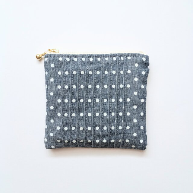 プリーツミニポーチ 10cmファスナー 水玉 シャンブレー ドット柄 インディゴ ハンドメイド