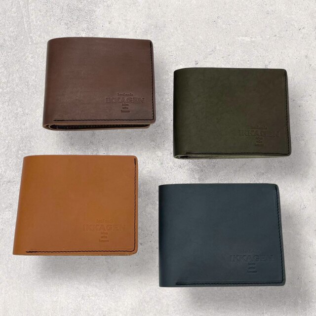 レザー2つ折りウォレット（ハンドメイド／ボックス型コインケース付き／カードポケット）