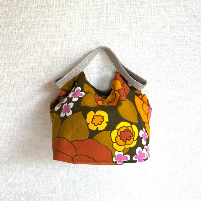 くたくたバッグ　北欧ヴィンテージ　オレンジお花