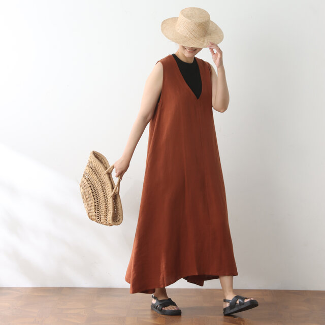 全25色から リネン100％ Vネック ロングワンピース ♪丈詰め無料