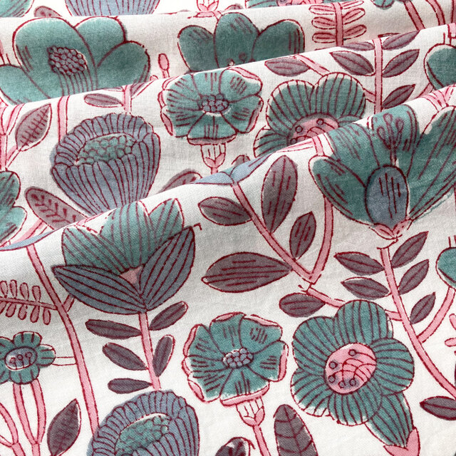 インド ブロックプリント生地 [50cm単位] Sanganeri花畑 ブルーフラワーXホワイト地 PP IF0325