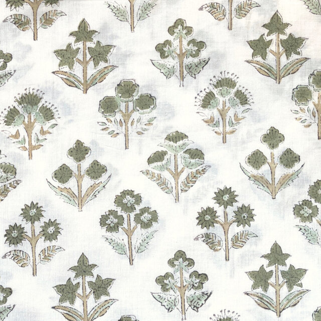 インド ブロックプリント生地 [50cm単位] Sanganeri ムガール フラワー グリーンXグリーン PP 花IF0317