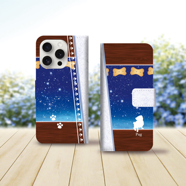 iPhoneスタンダード手帳型スマホケース （カメラ穴あり/はめ込みタイプ）【アイラブ・パグ（星空）】