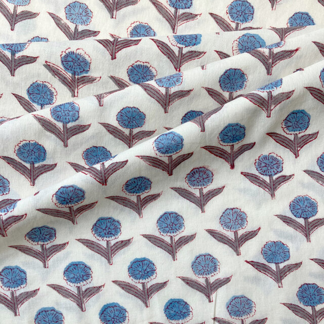 インド ブロックプリント生地 [64cm単位] デイジー ブルーフラワー on ホワイト地 花 IF0315