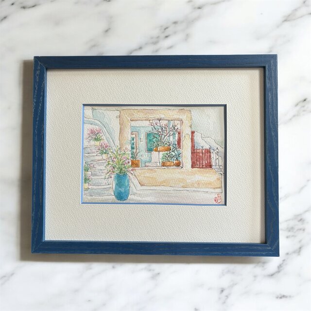 島の夏(水彩画、原画、ギリシャ、サントリーニ島、透明水彩、額付き)