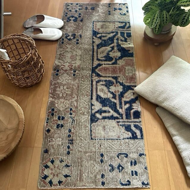 伝統ボタニカル193×293カフェラテベージュ　グリーン　トルコヴィンテージラグ 48×124優しいベージュ深みあるネイビー ボタニカル トルコ