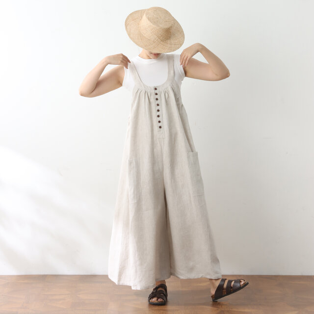 全25色から　リネン100％　ゆったり　サロペットパンツ ♪裾上げ無料♪オーダーサイズ可