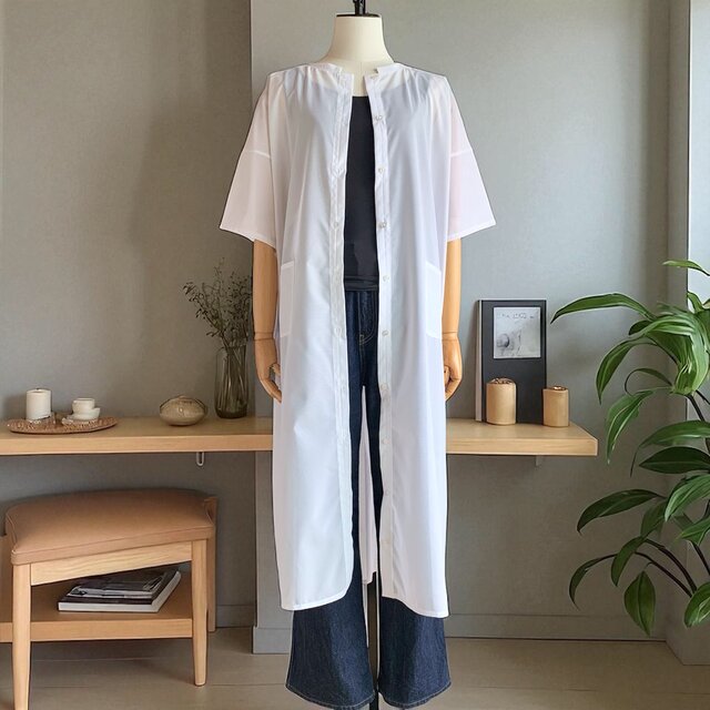 バンドカラー　ワンピース【送料込み】着物リメイク　ホワイト