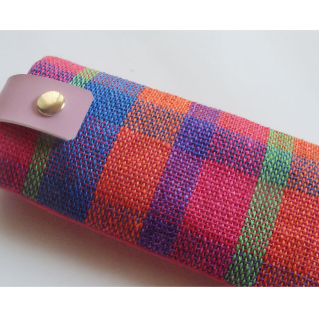 手織りリネンのメガネケース　ブルーピンク