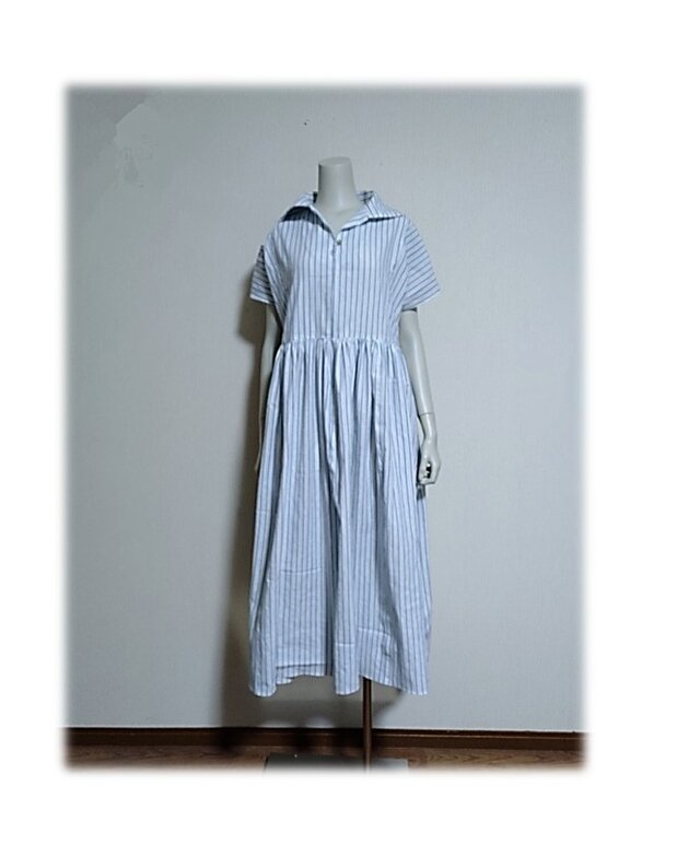 477　１点物　抜き衿レトロワンピース　デッドストック浴衣地　ストライプ　昭和レトロ　イタリアンカラ―　涼しい　夏のお出かけ