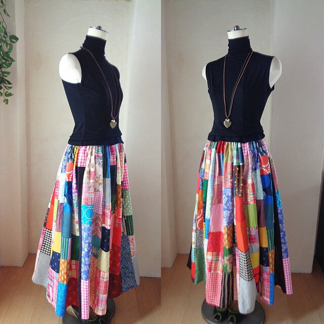 sold True colors♥マキシ丈♥絵画なパッチワーク♥ボリューム