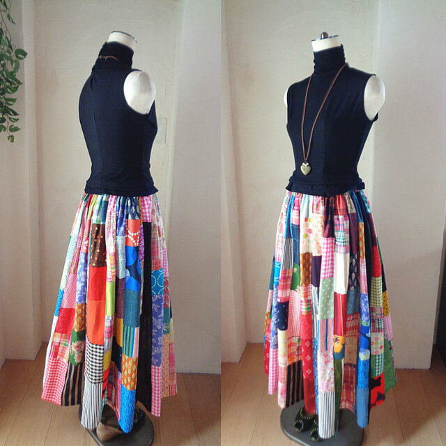 sold True colors♥マキシ丈♥絵画なパッチワーク♥ボリューム