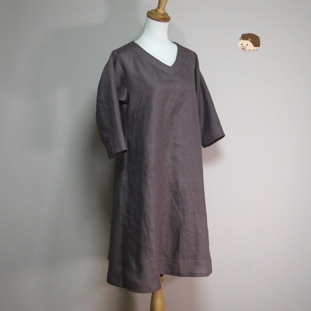 ☆魔女ワンピ　七分袖◆ブラウン◆フリーサイズ（中厚、リネン100％）～リネンのワンピース～