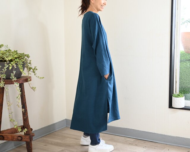 new arrival】鉄紺色：万能コーデのリネンワンピース：長シーズン