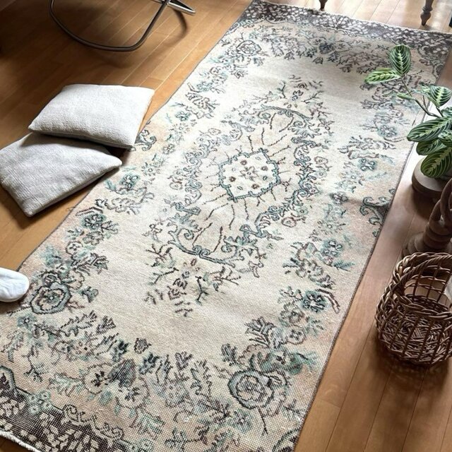 91×205 ロングメダリオン　淡いピンクベージュ　トルコヴィンテージラグ 91×205 ロングメダリオン 淡いピンクベージュ トルコヴィンテージラグ