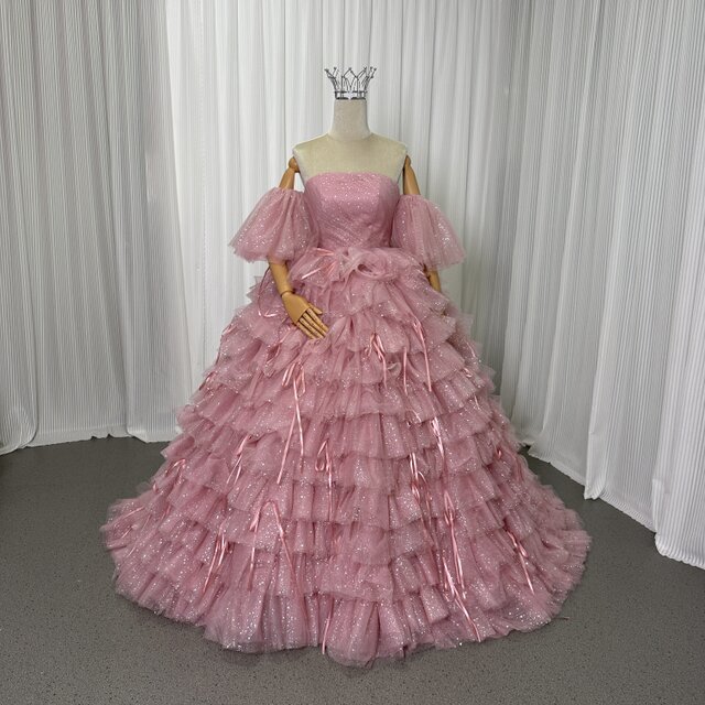 美品！カラードレス ローズピンク キラキラチュール ベアトップ 取り外し袖 柔らかく重ねたチュールスカート 花嫁