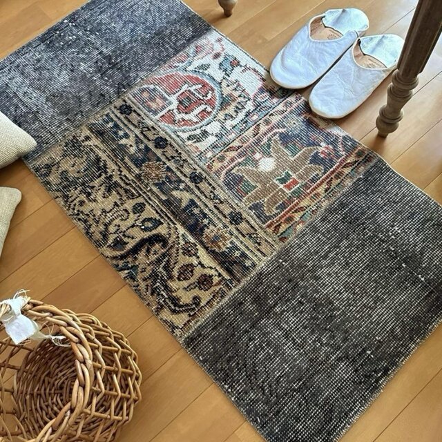 60×79 くすみ落ち着きオレンジ　大きなボタニカル柄　トルコヴィンテージラグ 49×100 グレイ×ボタニカル 大人パッチワーク トルコヴィンテージ