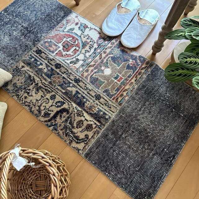 43×80 パッチワーク　ブラウン×ネイビー　ボタニカル　トルコヴィンテージラグ 49×100 グレイ×ボタニカル 大人パッチワーク トルコヴィンテージ