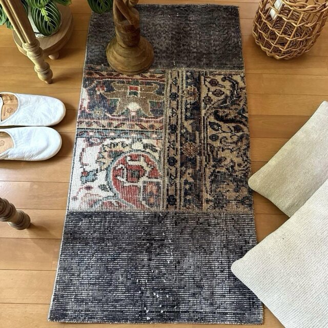 43×80 パッチワーク　ブラウン×ネイビー　ボタニカル　トルコヴィンテージラグ 49×100 グレイ×ボタニカル 大人パッチワーク トルコヴィンテージ