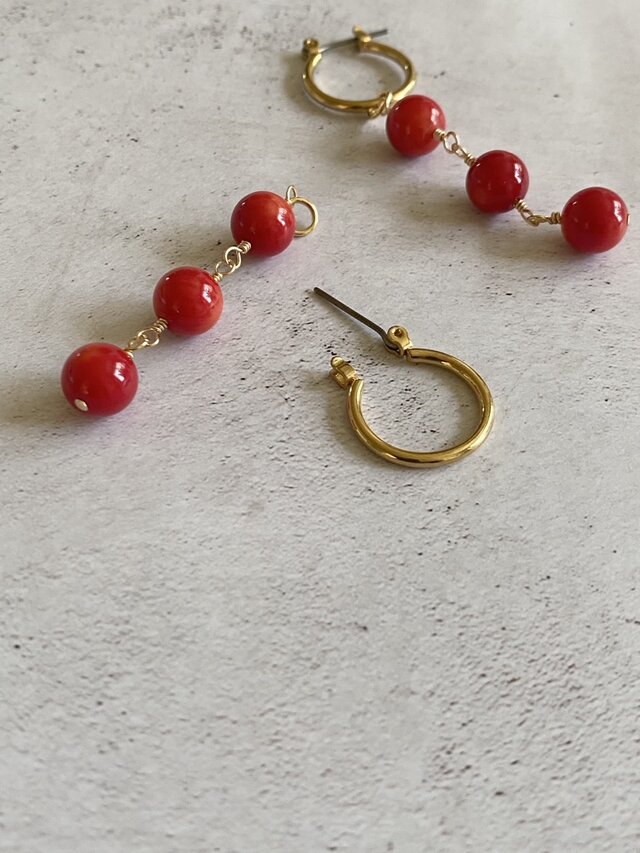 HERMES レザー フープピアス レッド レッド]カラーラインピアス