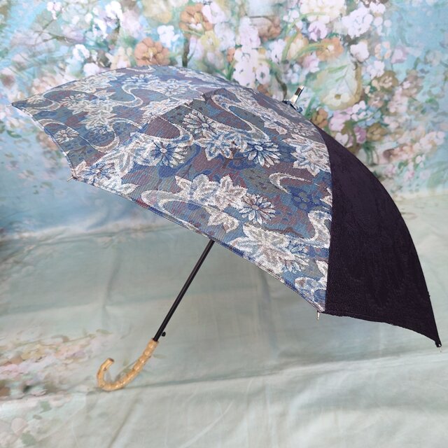 32 日傘 ワンタッチオープン 着物リメイク 大島紬 コサージュ  