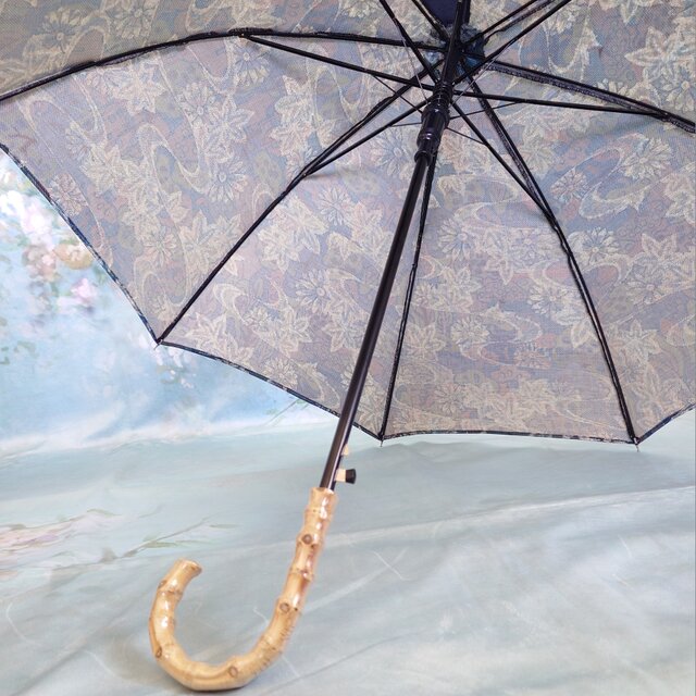 32 日傘 ワンタッチオープン 着物リメイク 大島紬 コサージュ