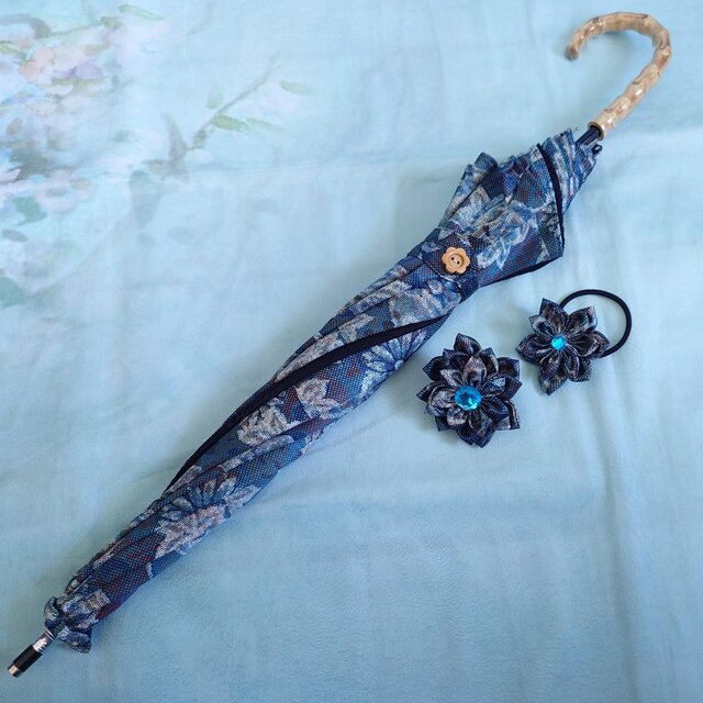 32 大島紬 日傘 ワンタッチオープン コサージュ＆ヘアゴム付 着物リメイク 32 日傘 ワンタッチオープン 着物リメイク 大島紬 コサージュ