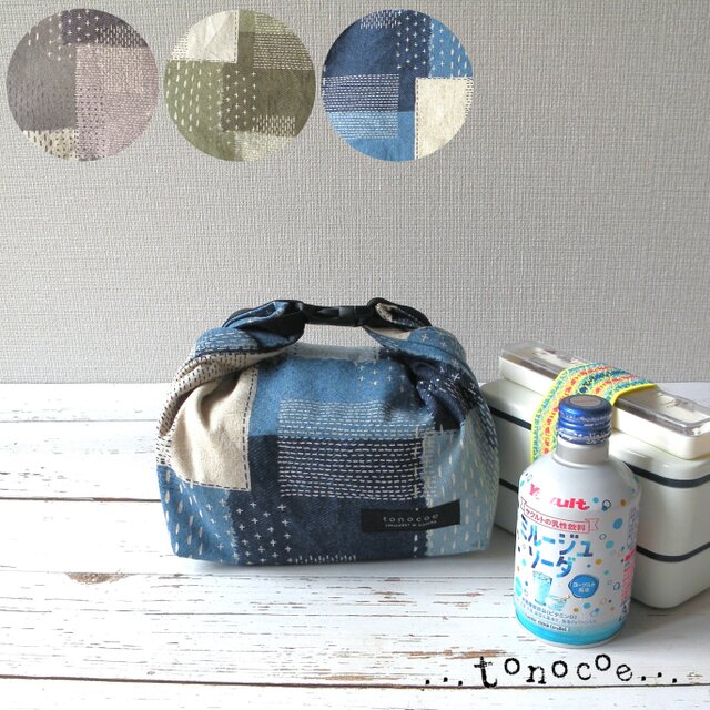 〔受注生産〕洗える！ショートランチバッグ 保温 保冷 （刺し子パッチワーク風プリント）
