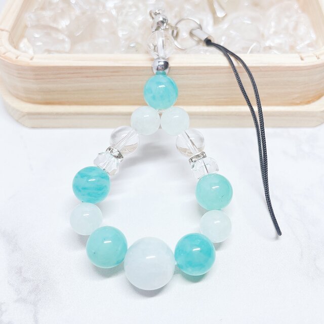 心を穏やかに整え、未来を歩む アクアマリン・アマゾナイト・水晶 天然石 ストラップ No811S