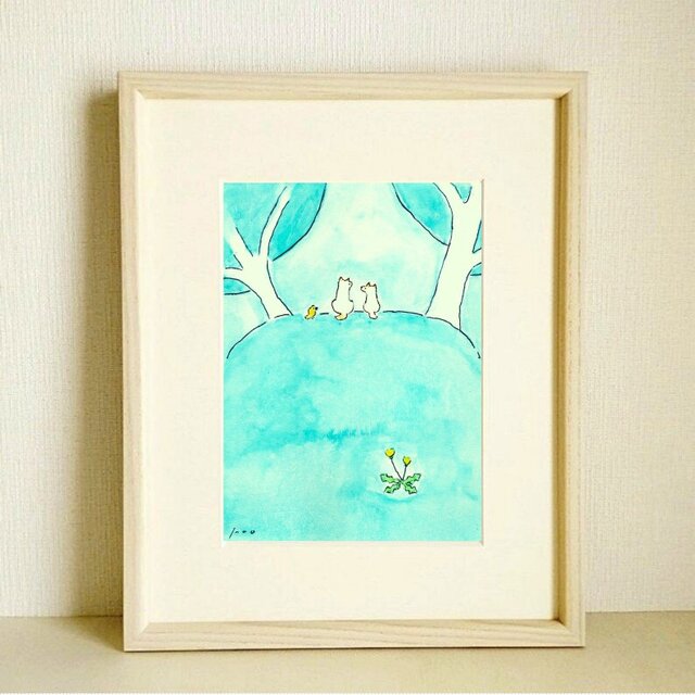 犬イラスト｜原画「丘の上で」 ※木製額縁入り（インチサイズ）