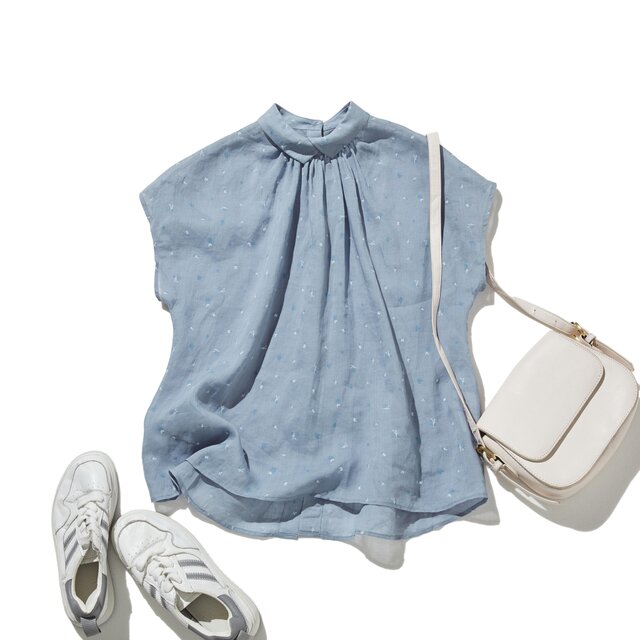 絶妙な風合い　花柄プリント　麻100％ブラウス　フレンチスリーブブラウス　ブルーグレー　250803-2