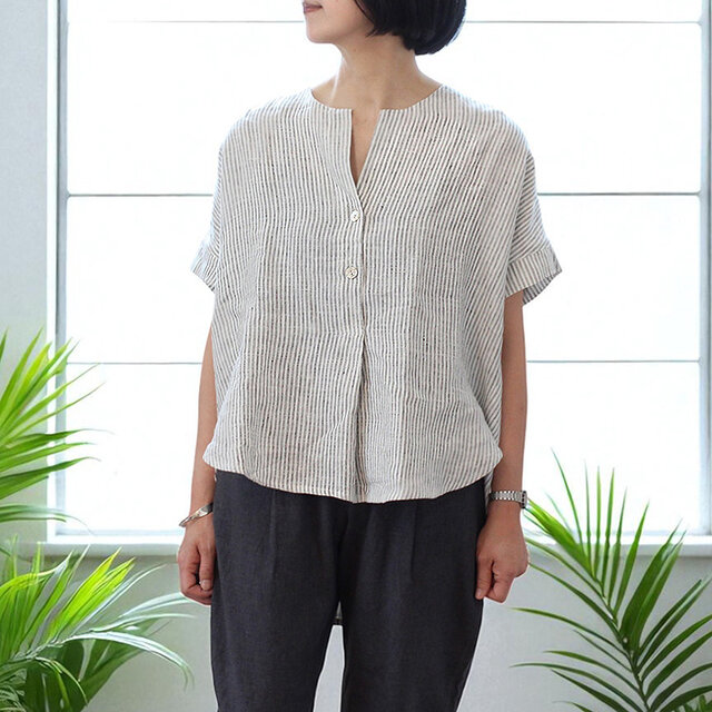 ブリーズリネンアシンメトリーブラウス【ストライプ】