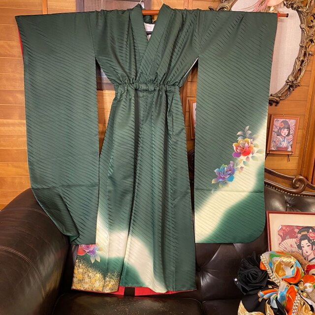 着物　振り袖リメイク　ロングワンピースドレス　アンサンブル　 ショール付き　L 振袖 着物 ロングワンピース ドレス 2部式ローズ/バラ作り帯