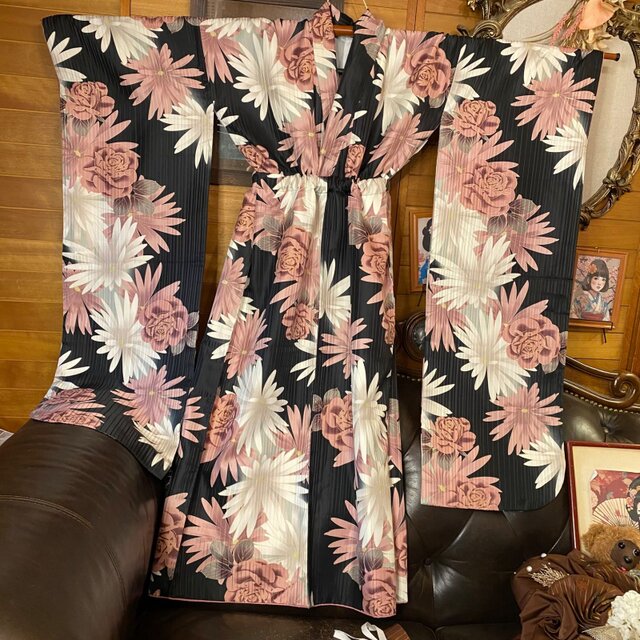振袖 着物 ロングワンピース ドレス 2部式ローズ/バラ作り帯 リメイク