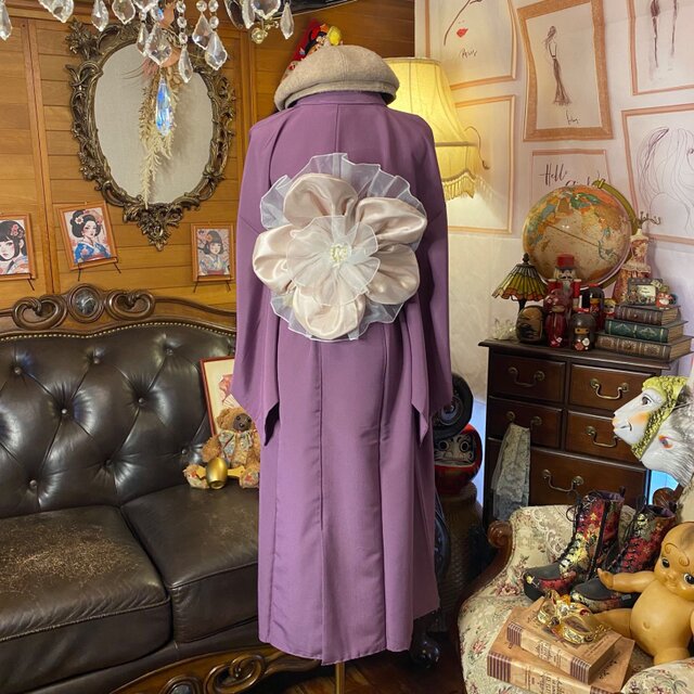 色無地 着物 セミロング ワンピース ドレス リメイク 重ね衿 襟 帯