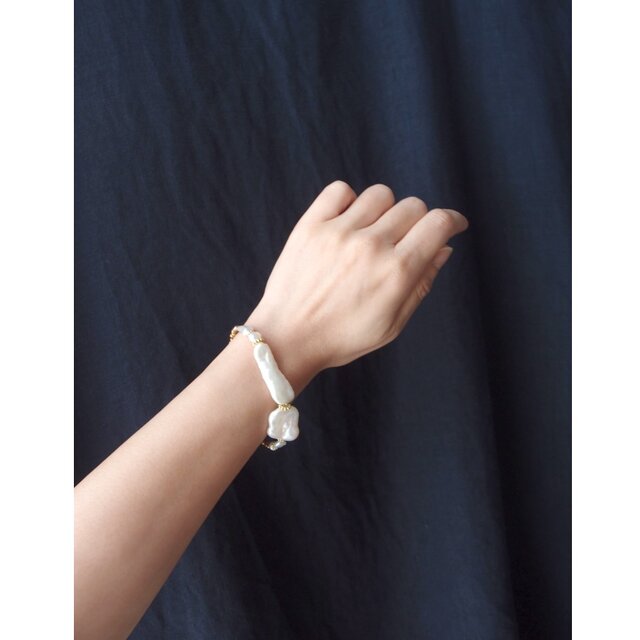 【GP】Biwa Pearl Mix Bracelet／ビワパールミックス ブレスレット（ホワイト×ブロンズ）