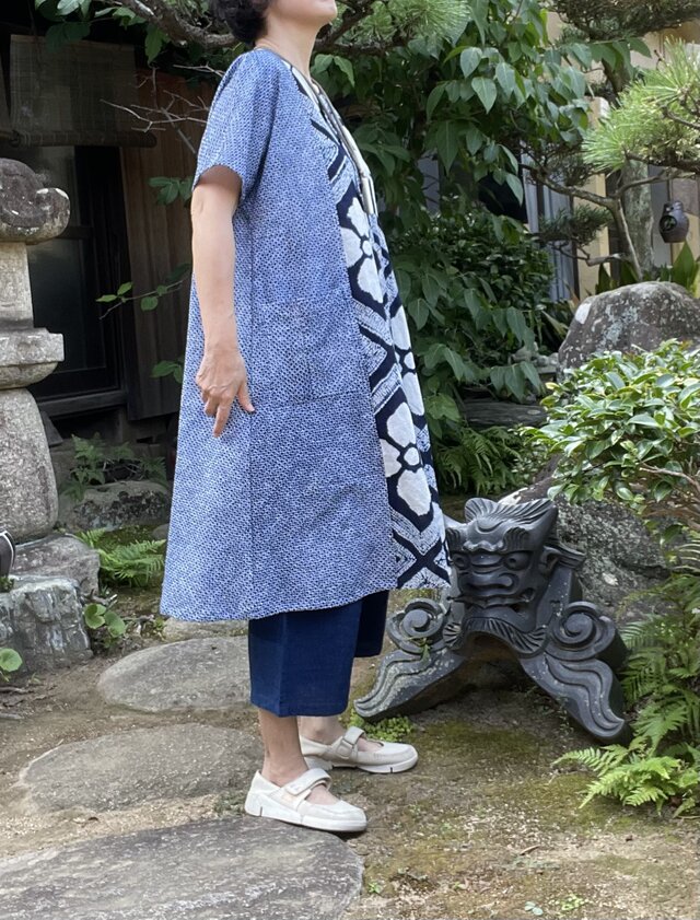 七の⑤　着物リメイク　浴衣生地のワンピース 着物リメイク】浴衣地のピンタックワンピース/綿絞り | iichi