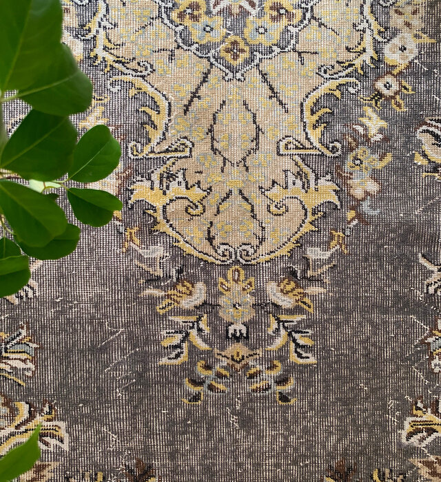 トルコ　大判　ヴィンテージラグ　ベージュ　ブラウン　グリーン トルコ ヴィンテージラグ ベージュ オリーブ 草木柄 ダブル