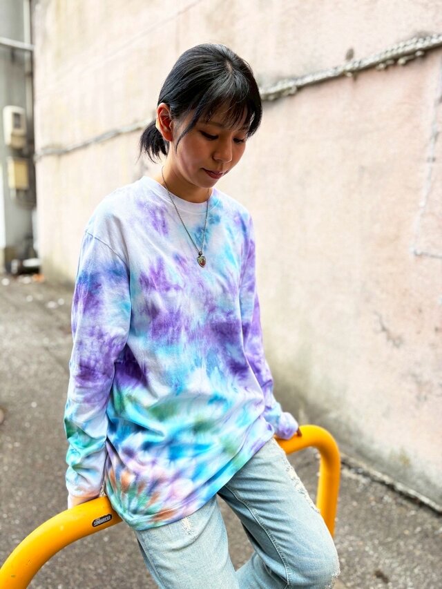 タイダイ 長袖 Tシャツ Lサイズ 曼荼羅模様 ブルー×パープル ムラ染め