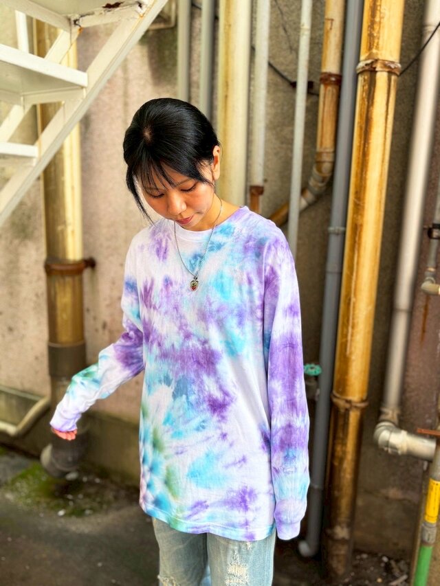 タイダイ 長袖 Tシャツ Lサイズ 曼荼羅模様 ブルー×パープル ムラ染め