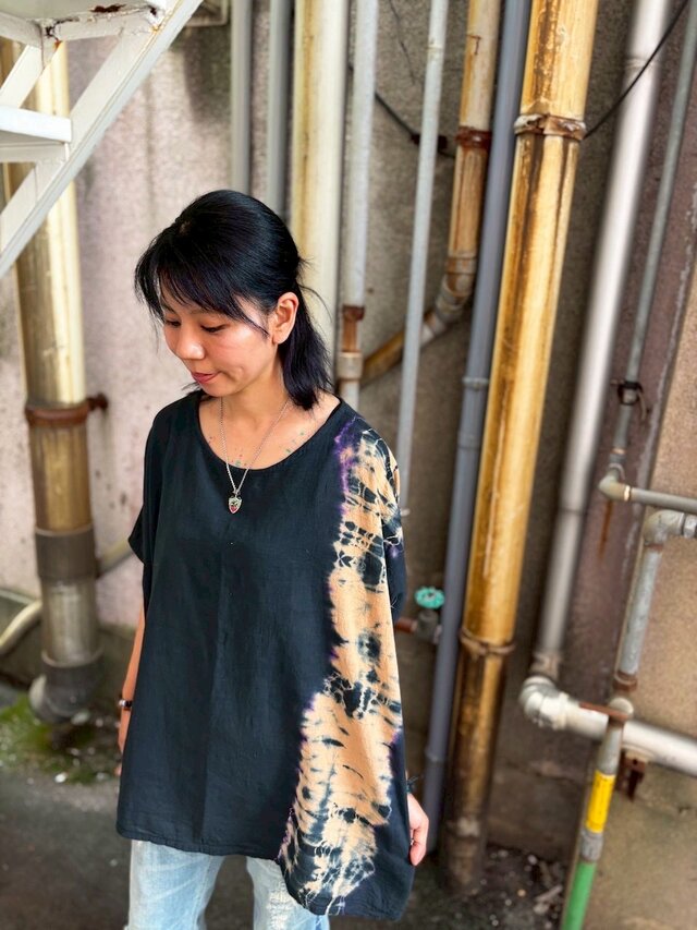 タイダイ プルオーバーブラウス ブラック×ベージュ HD24-66