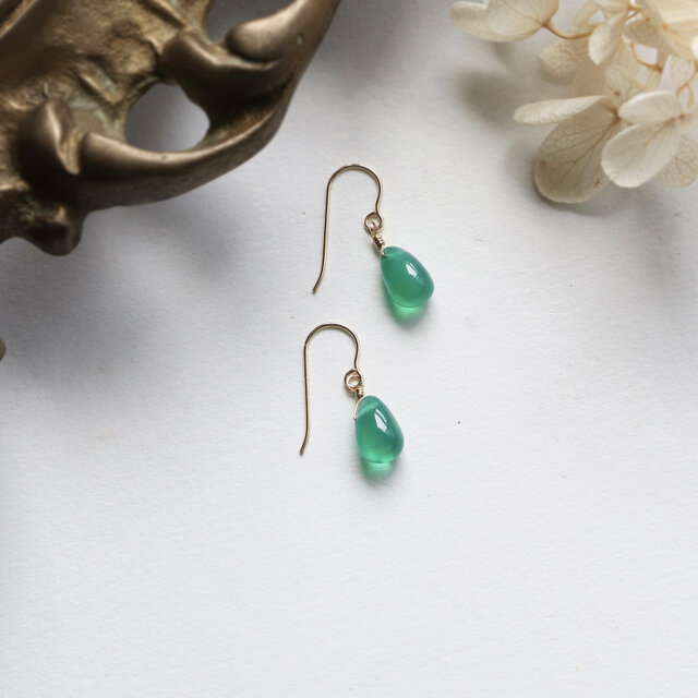 小粒 グリーンオニキス ドロップピアス/イヤリング 天然石 14kgf