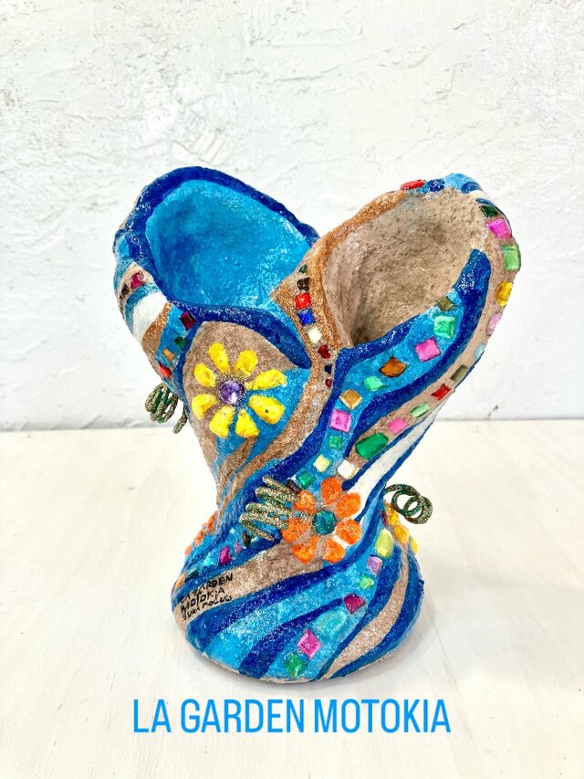 ハート形　二口プランターオブジェ手作り　ブルーマーブル　セメント　植木鉢