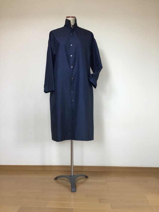 紺色紬のワンピース　　着物リメイク
