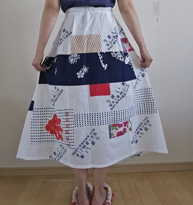 着物リメイク 手作り 白 手ぬぐい パッチワーク スカート