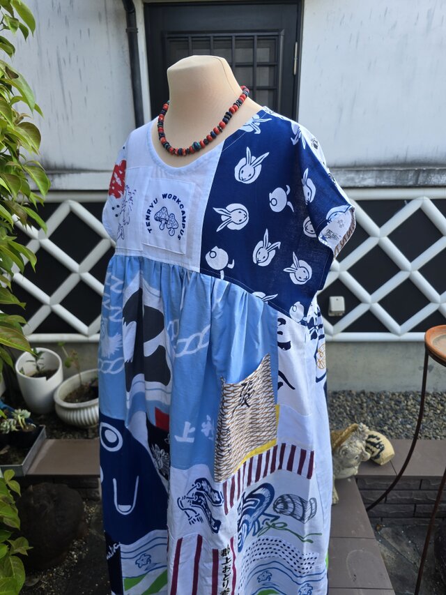 着物リメイク 手作り 白 手ぬぐい パッチワーク ワンピース | iichi