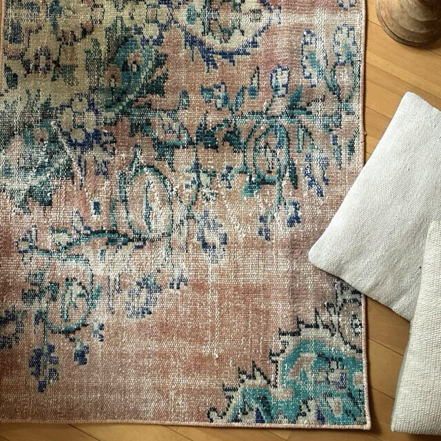 68×154 くすみピンクベージュ×ターコイズブルー トルコヴィンテージラグ 68×154 くすみピンクベージュ×ターコイズブルー トルコ
