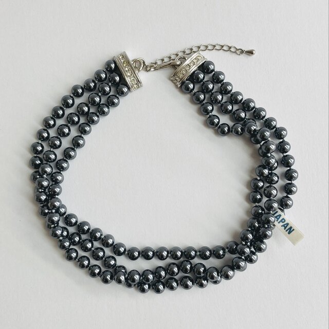 ガラスパール3連オールノットチョーカーネックレス/約6mm約33cm+5cm/ガンメタル/made in japan