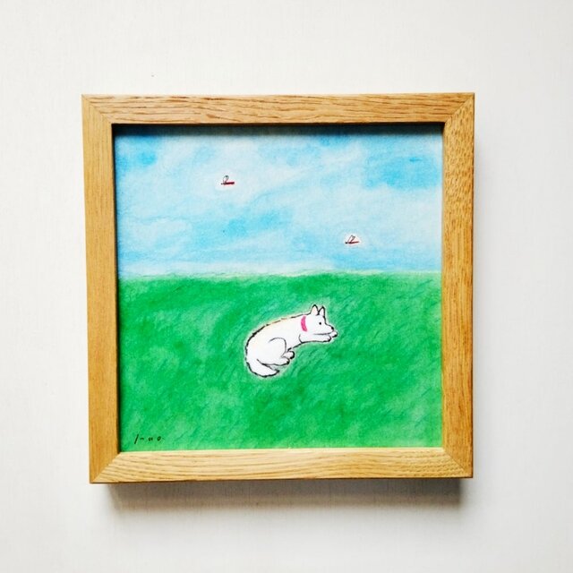 犬イラスト｜原画「原っぱ」 ※木製額縁入り (18×18㎝フレーム）