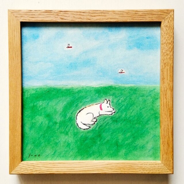 犬イラスト｜原画「原っぱ」 ※木製額縁入り (18×18㎝フレーム